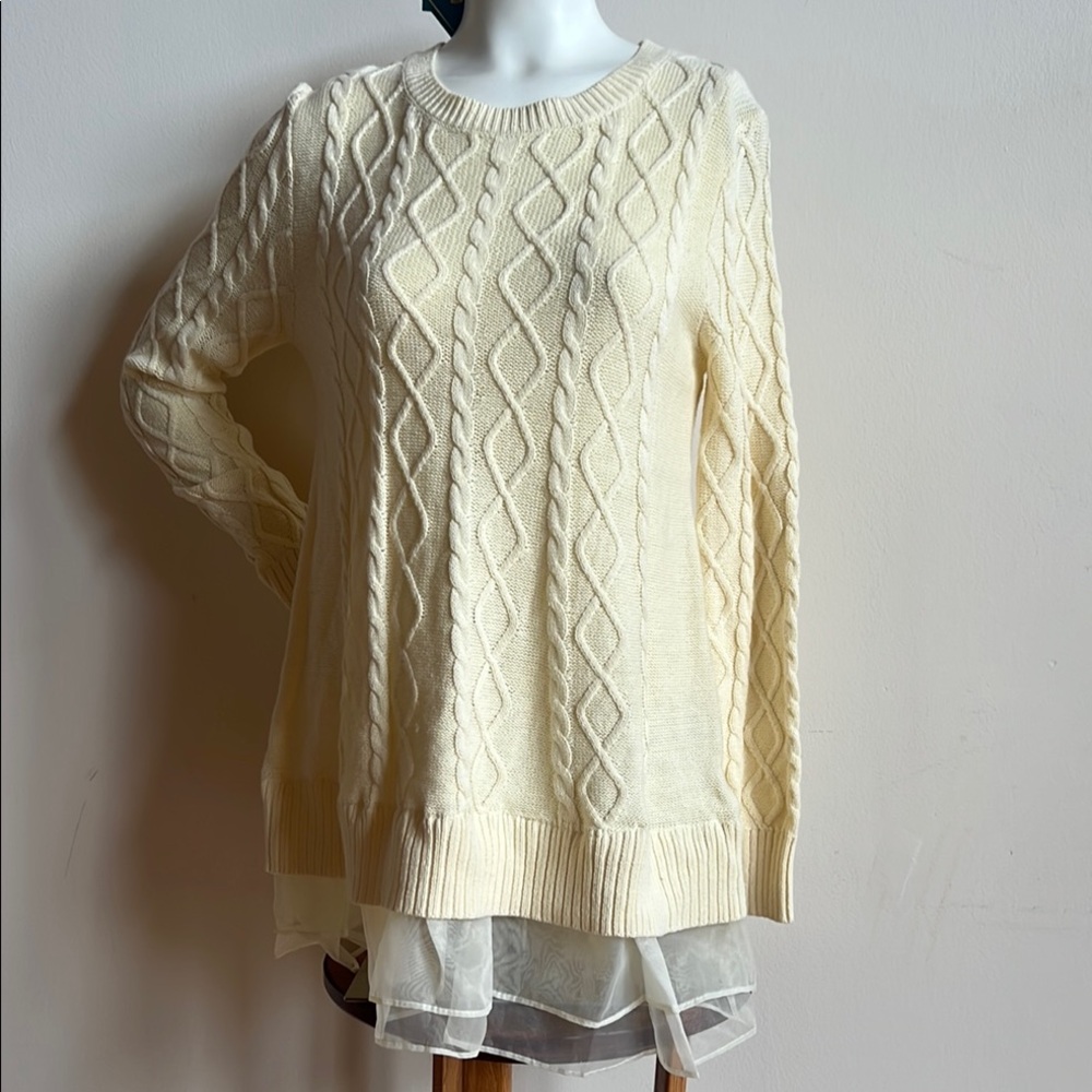 Military Hippie Cream Crew Neck Cable Knit Sweater